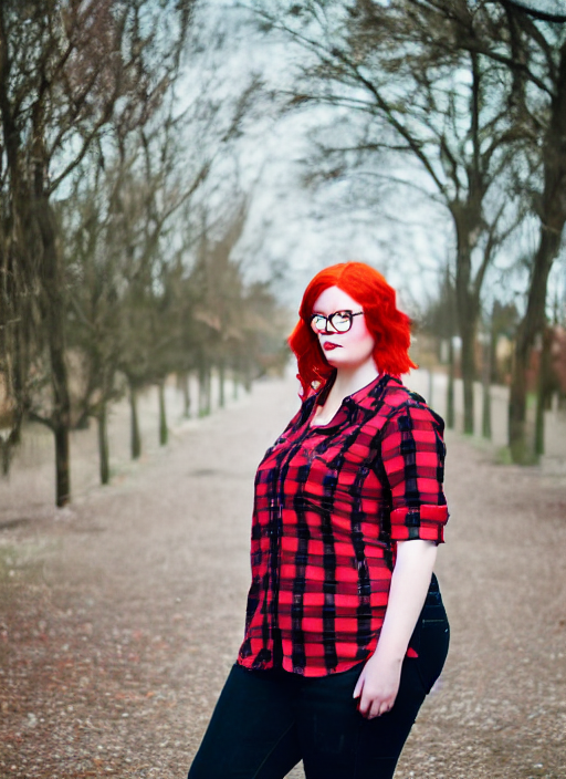 prompthunt: photograp of a plus-size redhead woman wearing jeans, black  converse shoes, and a red tartan shirt