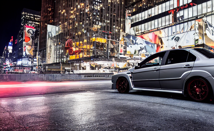 prompthunt: Mitsubishi Lancer Evo in downtown New York City at night,  highly detailed, 4k photo, DSLR,