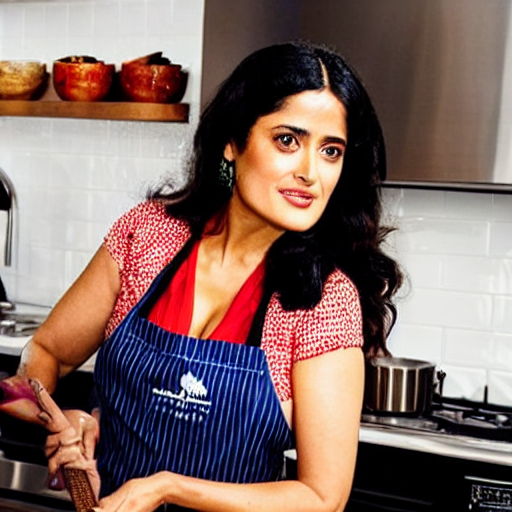 prompthunt: salma hayek posing for a cooking show with food, in a kitchen