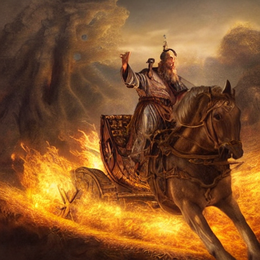 prompthunt: Beautiful hyperrealistic detailed matte painting of a 60 year  old man in Biblical outfit riding the carriage of an ancient chariot made  of fire pulled by firey horses. nightime.