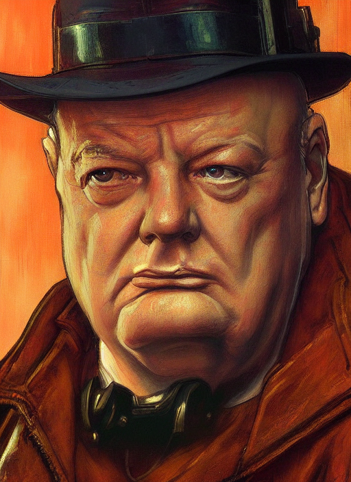 Winston Churchill. Cyberpunk assassin in tactical gear. blade runner 2049 concept painting. Epic painting by James Gurney, and Alphonso Mucha. ArtstationHQ. painting with Vivid color. (Apex Legends, Overwatch, Fortninte, rb6s, Cyberpunk 2077)