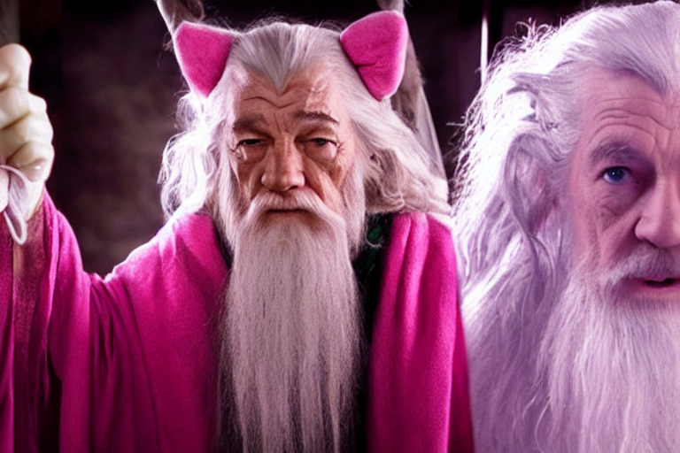 short scruffy-looking Gandalf wearing pink Hello kitty costume meets tall regular Gandalf the white, dramatic lighting, movie still from Lord of the Rings, cinematic