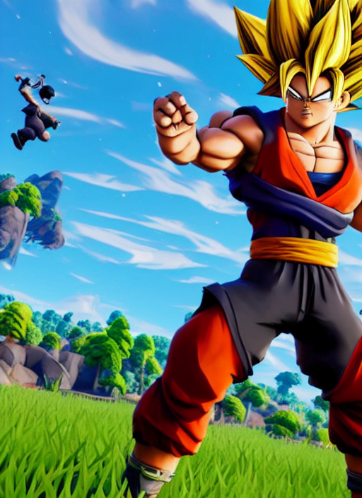 prompthunt: game still of a sayan goku as a fortnite skin in fortnite by  fortnite, pose.