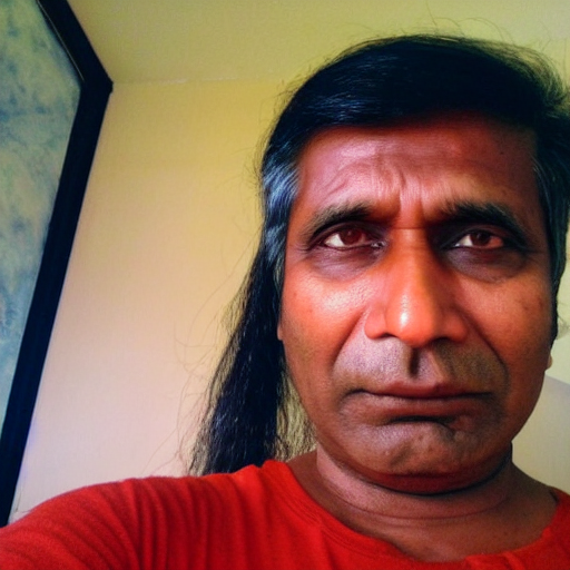 prompthunt: my indian dad accidentally taking a selfie with the front camera,  squinting because the camera flash is so bright in his face