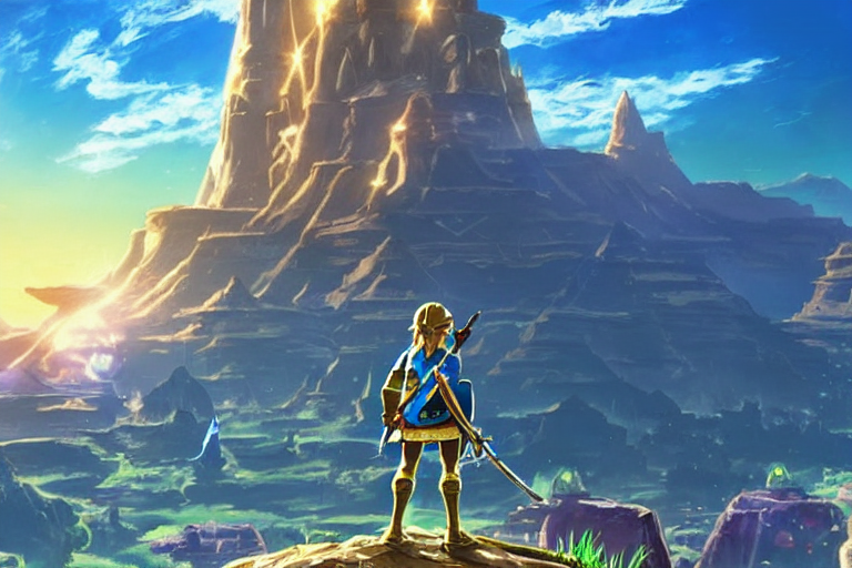 prompthunt zelda botw, epic blue gateway with intricate golden frame