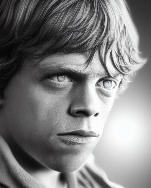 KREA - very low angle high quality hyper realistic portrait of young mark  hamill portraying luke skywalker, dark dramatic lighting, portrait  realistic and insanely detailed, great composition, 8 k