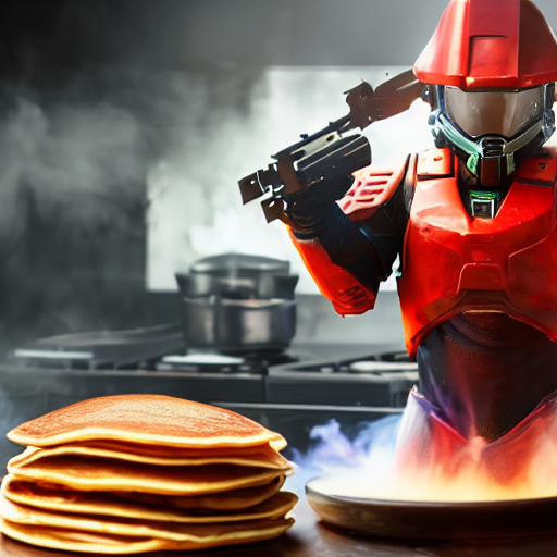 prompthunt: master chief wearing a chef hat cooking a stack of pancakes  hyper real, 8k, colorful, 3D cinematic
