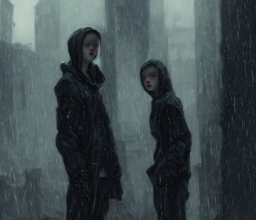 prompthunt: sadie sink sits in hoodie, knees up | rain falls | night :  concept art for a scifi cyberpunk film. by greg rutkowski, john j. park,  jason chan, noah bradley, feng