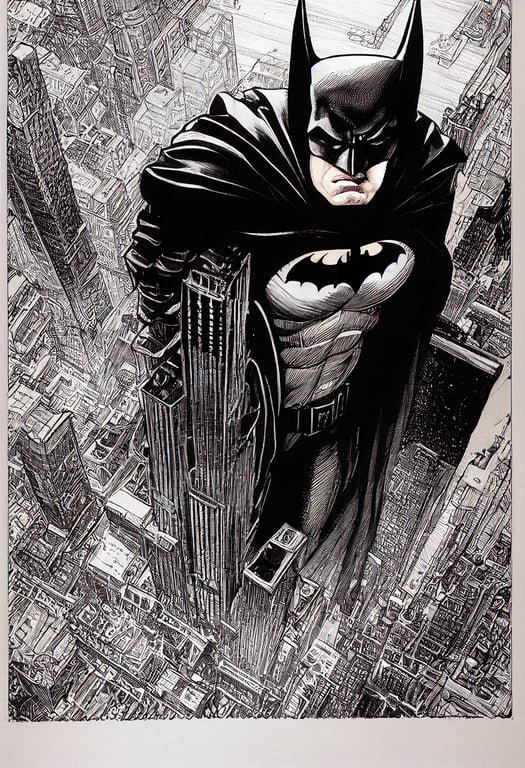 prompthunt: hyperdetailed, Jim Lee style, Pen and Ink, Batman on skyscraper  over Gotham , intricate detailed drawing, black and white, hypermaximalist,  DC Comics, dark