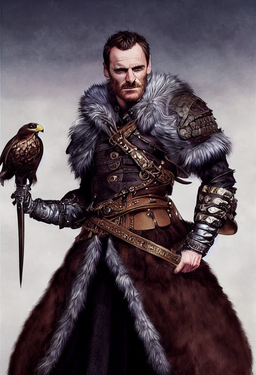 prompthunt: Michael Fassbender as a male falconer wearing fur-lined leather  armor, in the style of artgerm, in the style of dungeons and dragons, in  the style of pathfinder