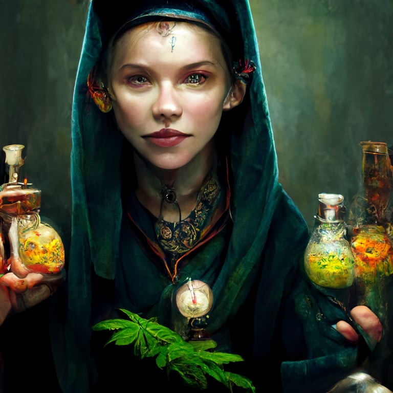 medieval female elf alchemist with potions and herbs