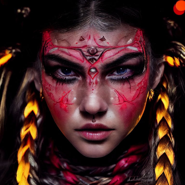 Close-up portrait of an attractive beautiful female berserker with braided hair, Mortal Kombat with red paint on her face played by a perfect equal mix of Kate Upton, Sofie Snoeck, Victoria Justice and Alexis Ren, intricate detailed garment design, bioluminescent colors, photo realistic, cinematic lighting