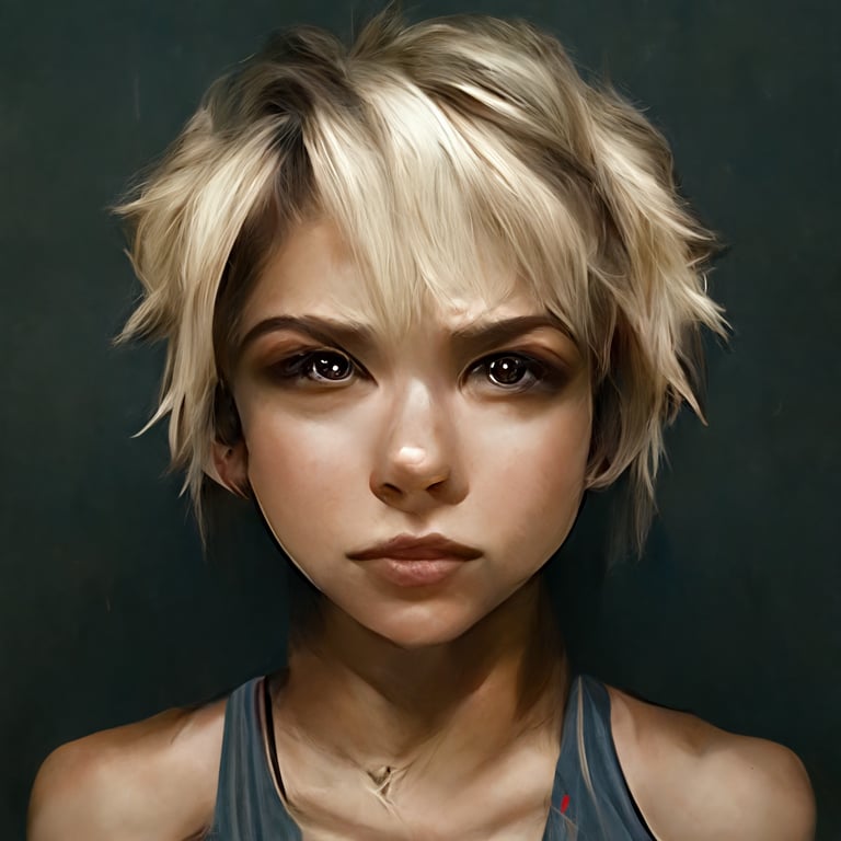 prompthunt: girl with short blonde hair, angry and hatefull face, strong  expressions, brown eye, narrow eyes, realistic skin, shoulder-up portrait,  3d hd model, 8k resolution, messy hair, dramatic lighting, hyper-realistic,  real eyes,