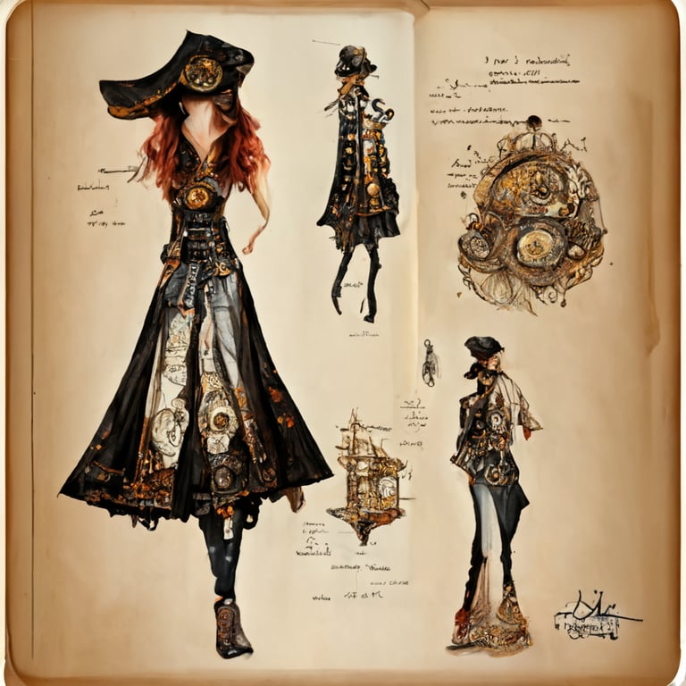 prompthunt: design plate, fashion draw, illustration, book page, pirate  clothes, miss fortune, steampunk, fantasy