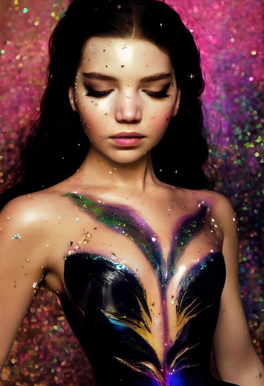 prompthunt: Glamour portrait, Anya Taylor-Joy, Jennifer Lawrence, plunging  neckline, iridescent face paint. Intricate black eyeliner. Covered in  glitter. futuristic iridescent body paint and cellophane. portrait, ultra  photoreal, photorealistic