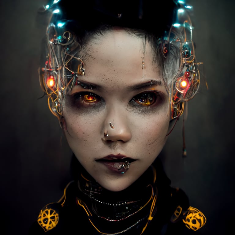 photorealistic portrait of punk rock babe , steampunk clothing, cybernetic neck, stainless steel endoskeleton bones, symmetrical eyes, swirling wires, magical energy, octane render, fantasy art, 8k, intricate details