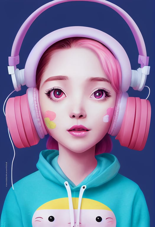 prompthunt: a cute pink haired girl wearing cute headphones, wearing a  color blocking hoodie, kawaii, whimsical, happy, big anime Pixar eyes,  Nicoletta Ceccoli, Tim Burton, Lisa Frank