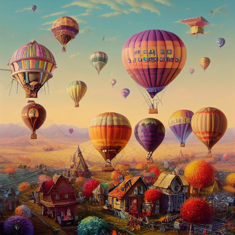 prompthunt: The steampunk hot air balloon concept house vivid bright colours  afremov style Thomas Kinkade, Naoto Hattori and Mark Ryden with colorful  illustrations, toys and candy, ornate poster , mathmatical equations, octane