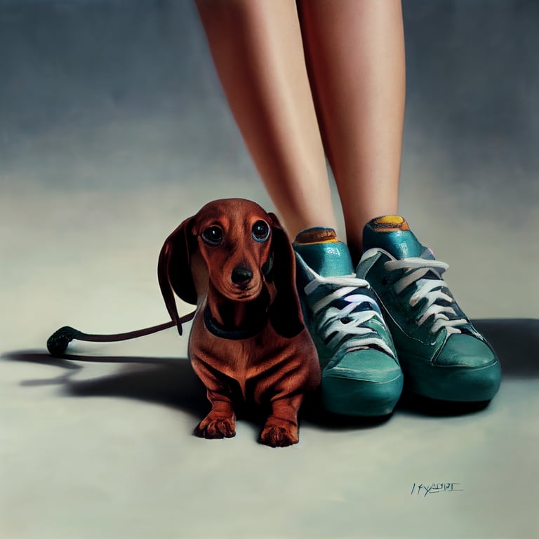 prompthunt: girl wearing petting a dachshund her foot. Photorealistic