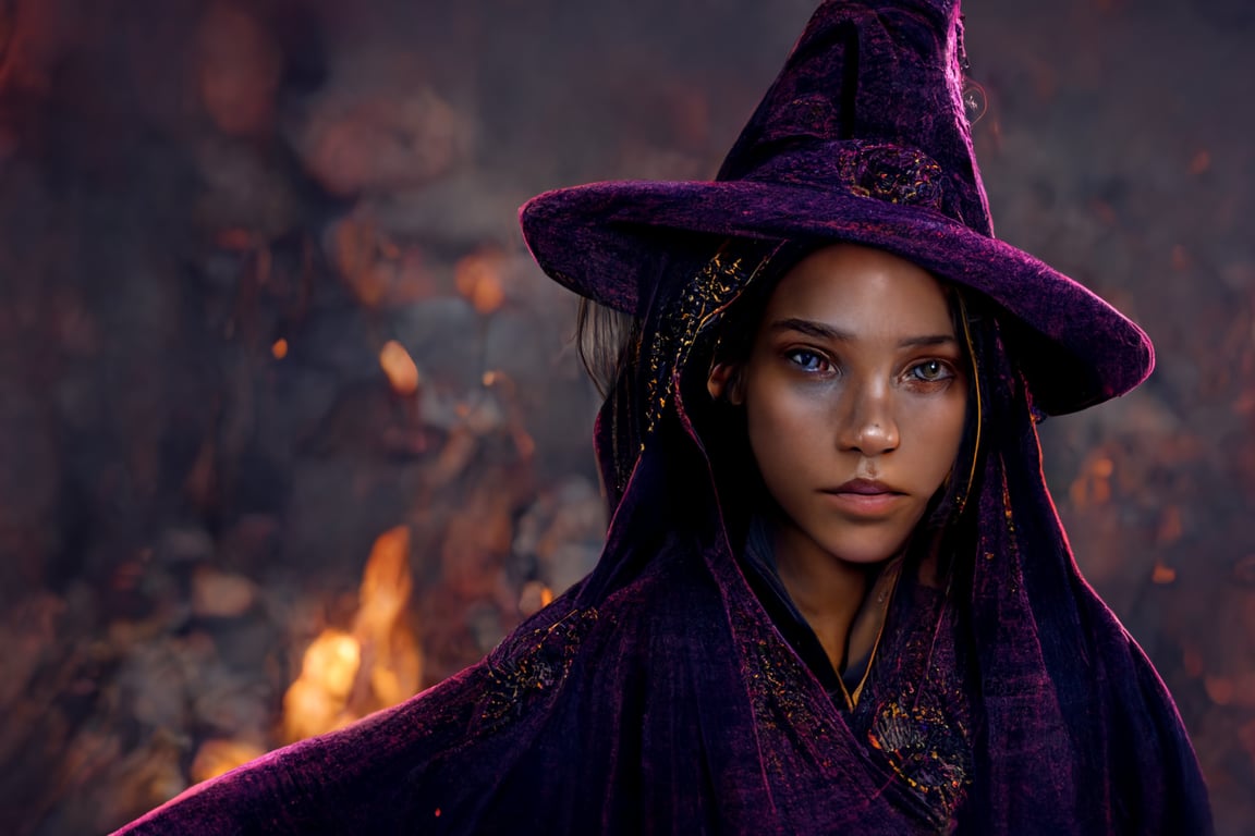 a tanned female witch with purple braids and purple wizard hat in black robes, casting spell pose, waist-high, fire Mordor background, realistic face like Odette Annabel, Jessica Alba, Rachel Cook, art like Rebecca Guay, Martina Fačková, Hoàng Lập (Solan), Artstation, Unreal Engine + VRay tracing + render + 8K + 16k + 3d rendering + epic + photorealistic + dark fantasy + high fantasy + fantasy + fine details + octane render + ultra realistic + volumetric light, immaculate detail