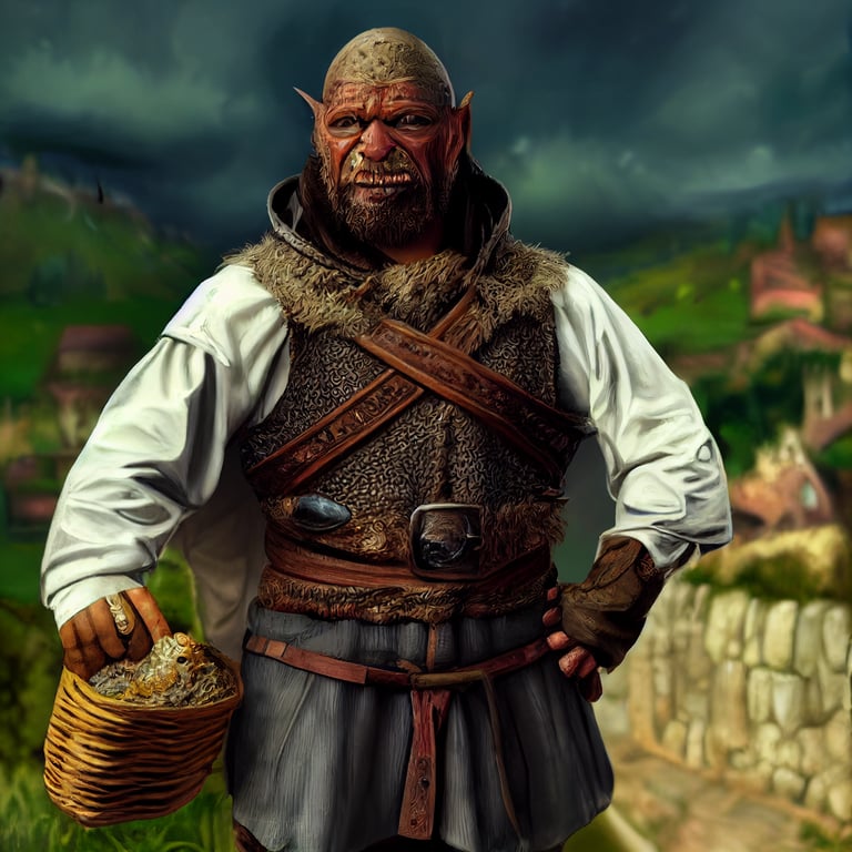 prompthunt: orc male with common clothes, behind him is medieval town, he  holds sack, 8k, fantasy, medieval, realistic