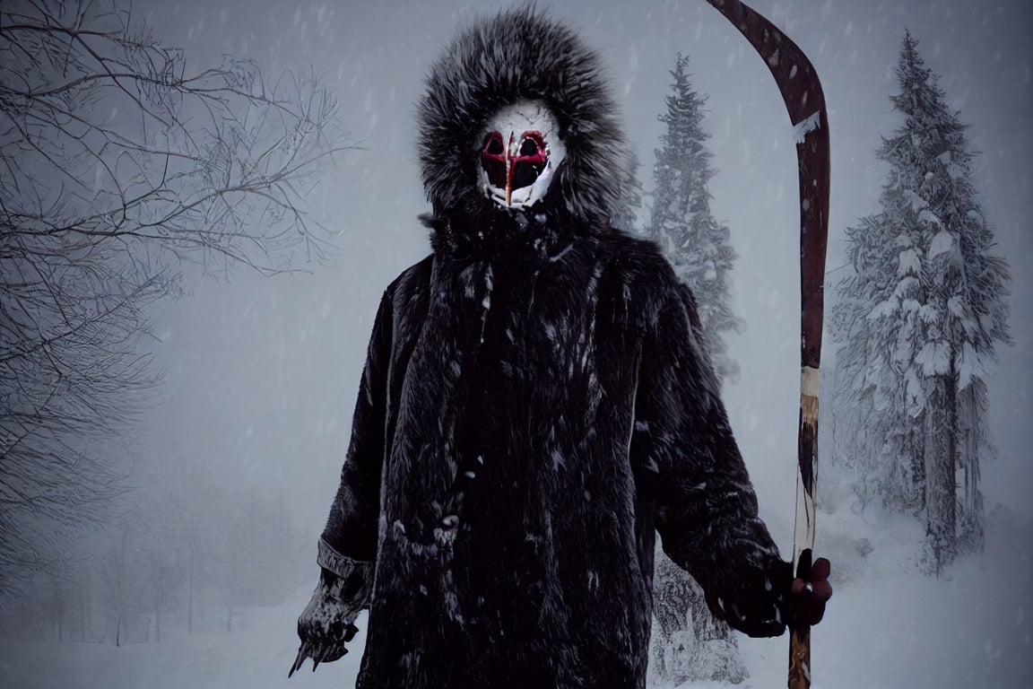 prompthunt: a slasher villain wearing a ski mask and a fur trapper coat,  standing in a blizzard, hulking figure, pick axe, scary, horror slasher,  slasher icon, ski mask, tattered clothes, fur pelts