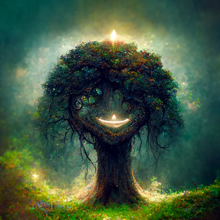 prompthunt: a wise mystical tree with a gentle smile and kind eyes, HD,  forest