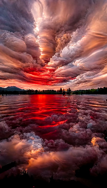 Red dreamy sky, with earthquake clouds, crystal clear, sunset, Tindall light, lake, reality, super detail, ultra-high definition, super wide angle, reality, panorama, 8k, lifelike, 3D high pixel, landscape photography, shot by Mark Adams (original) HD