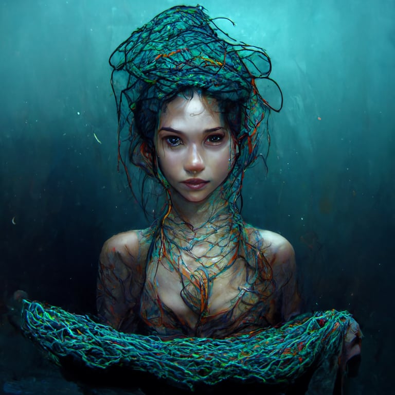 prompthunt: beautiful, mermaid, caught in fishing net, struggling to get  out, 8k detailed full body