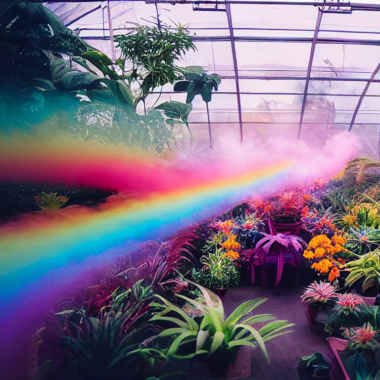 prompthunt fancy glass greenhouse bursting with colorful plants and