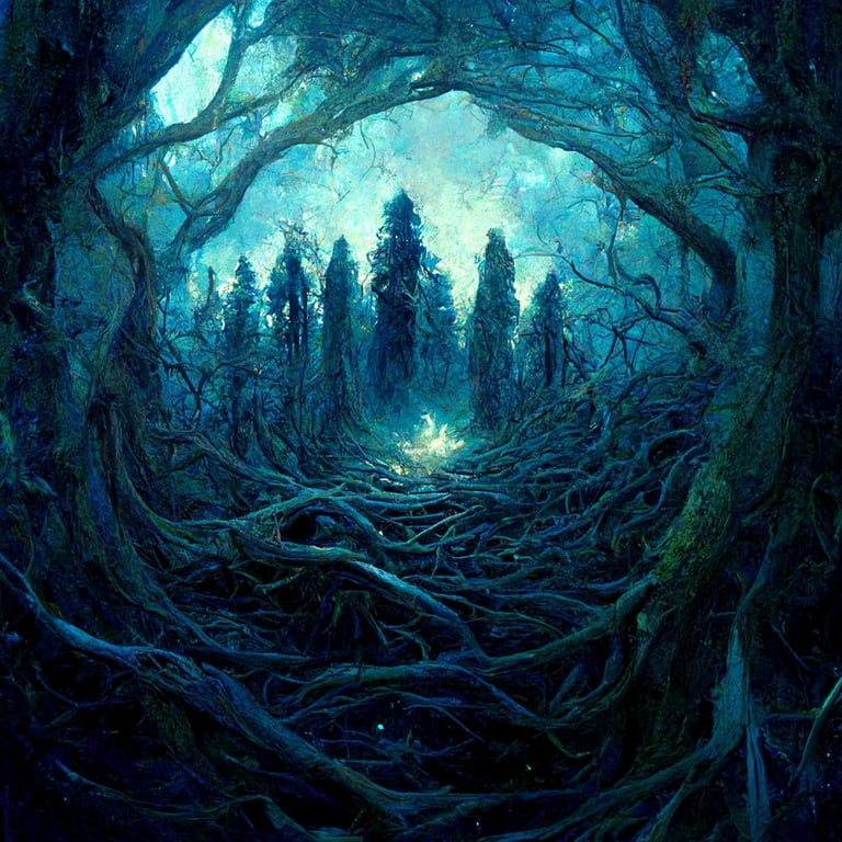prompthunt: a dark forest with overgrown roots and branches in blue  mystical light mtg art fantasy illustration