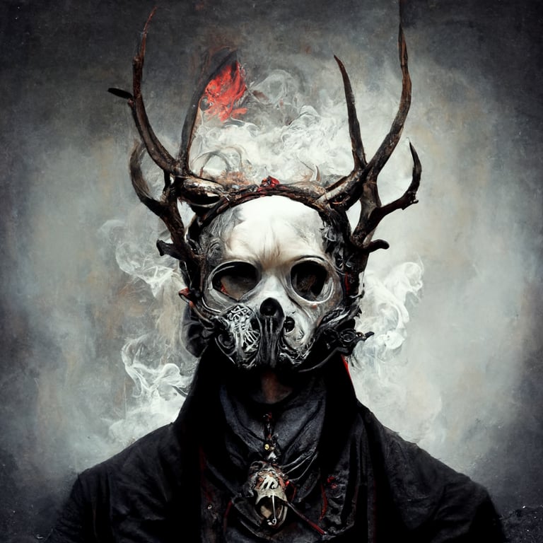 prompthunt: man wearing a deer skull mask from waist up, grimdark, fantasy,  smoke, red, sense of doom