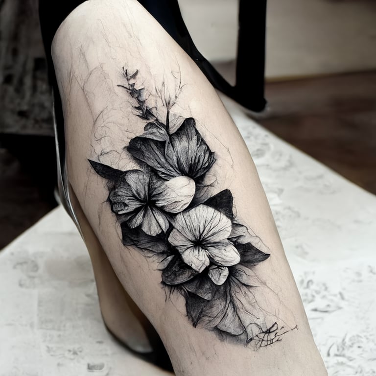 prompthunt: little floral tattoo on side of leg, ultra realist, drawn style, black and white