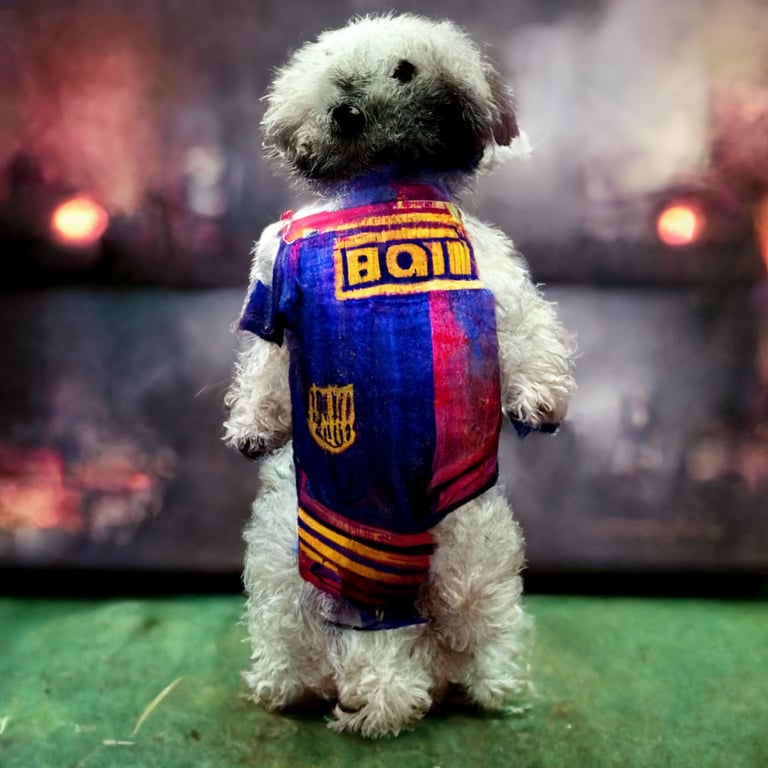 prompthunt: A bichon dog wear Messi's Barcelona shirt and shoot football