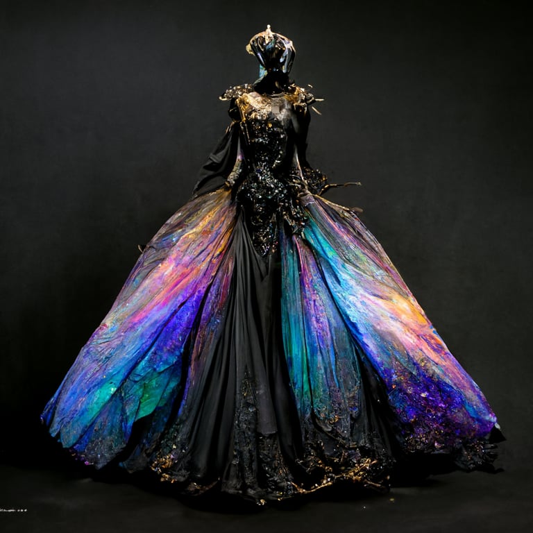 prompthunt: fantasy costume creation on black background, flowing gown made  of iridescent tulle with a bodice made of bismuth