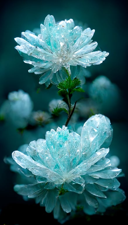 prompthunt: One kind of flower is broken ice blue crystal chrysanthemum,  the petals are crystal clear, the flowers are clear, true, vivid, flashing  the light of the spirit, its branches are covered