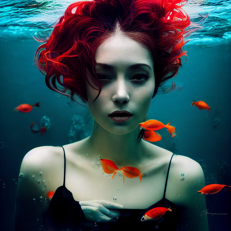 Beautiful underwater photography, female model, black whirling dress, red hair, caustic, refraction, cloth, underwater light rays, fine art, photorealistic, betta fishes swimming around, intricate detail, pose, stylize, smooth, stunning, Zhang Jingma,