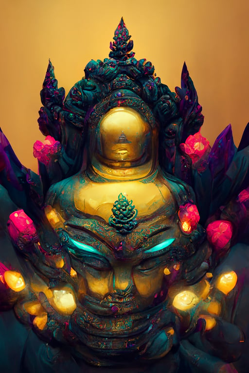 prompthunt: corrupted Buddha, god is in the details, design details style  by mc escher, style crane griffiths, league of legends, trending on  artstation, lighting by banxy