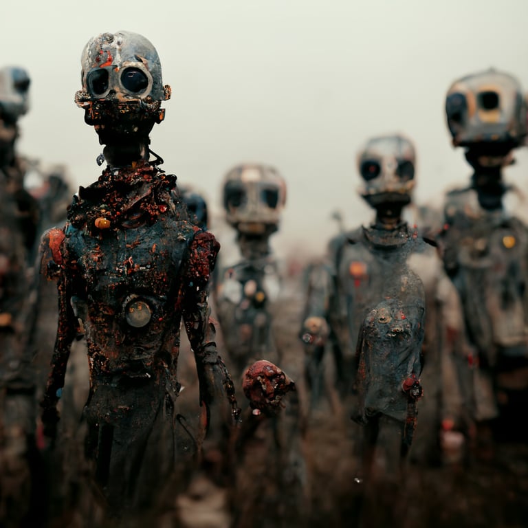 prompthunt: A group of lanky young robot zombies, acid burns, tissue and  metal decay, oozing facial boils, gangrenous eyes, worms emerging from  rotting tissue, unhappy, terrified, unsettling, scared, photorealistic,  extremely detailed, cinematic,