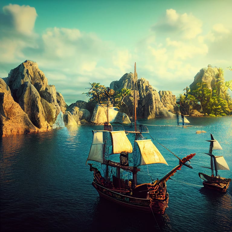octane render, pirate bay, warm summer, Island, pirateships, wooden pirate city, Bay, Castle, natural light, uhd, Extreme details
