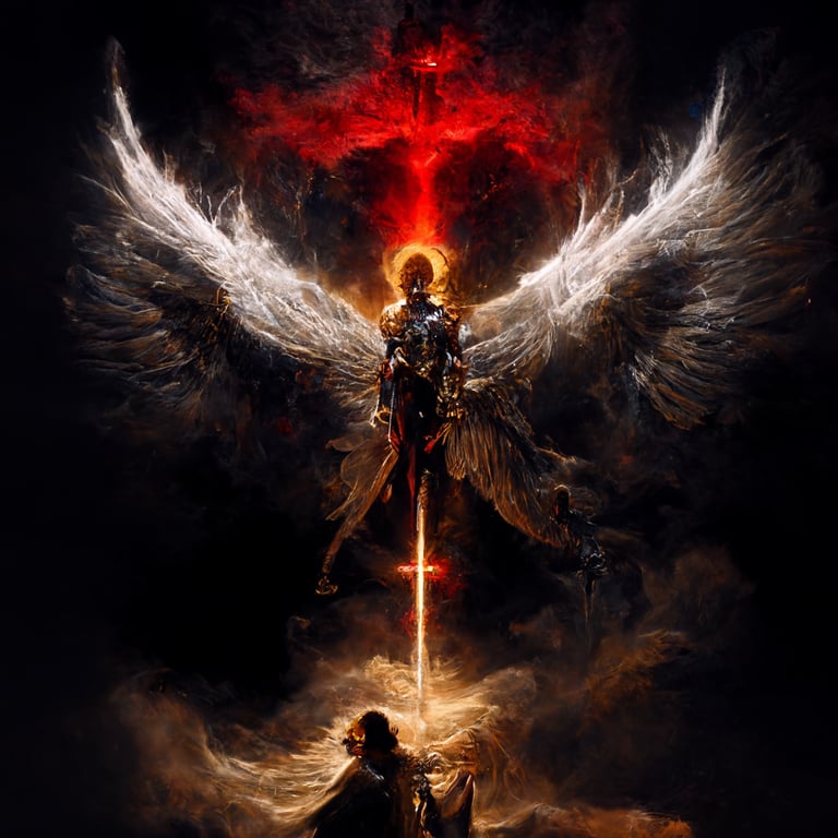 archangel michael fighting lucifer, 8k, wallpaper size, ultra, who god watching the fight as lucifer unleashes dark magic wounding michael