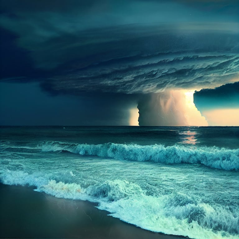 beach with blue waves, thunderstorm with nuclear explosion at background