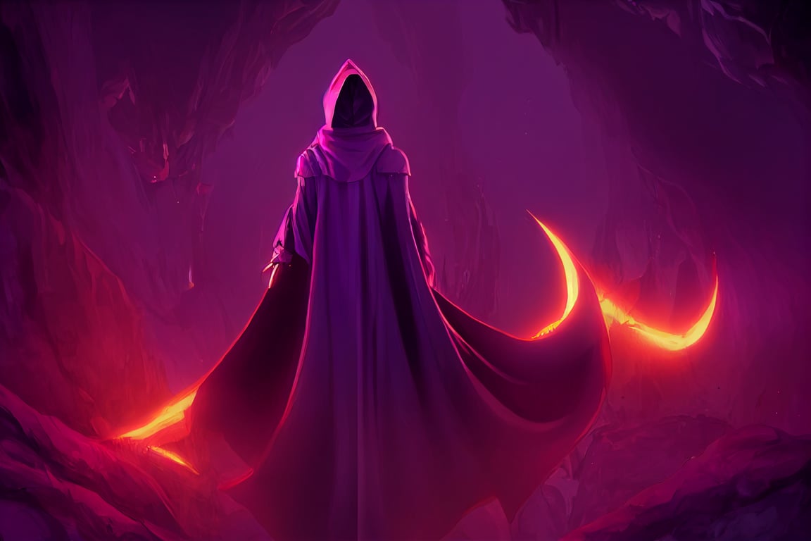 noita witch , jessica alba , purple cloak hooded figure billowing cape, cave with fiery explosion, anime character, cel-shading, aeon flux, artgerm, artstation, volumetric lighting, octane render, wow, underground cavern, cinematic, hyper-realistic