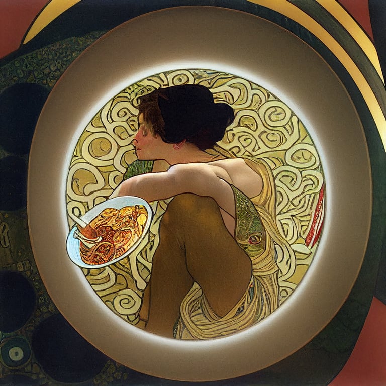 Gustav Klimt style, alphonse mucha style, hand holding noodle in front, bowl of ramen in the background, high detail