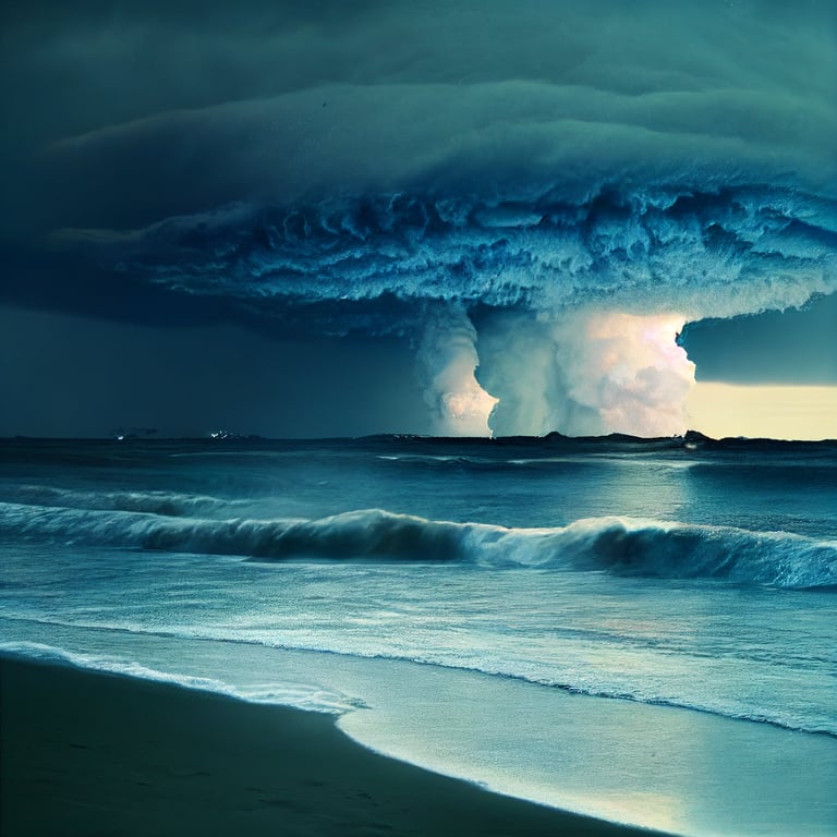 beach with blue waves, thunderstorm with nuclear explosion at background