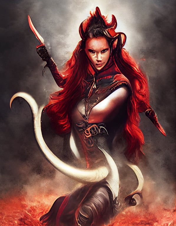 prompthunt: fantasy movie poster style, a female tiefling in action pose,  D&D Tiefling, dark red skin and short devilish horns, long red hair, 3/4  pose, low angle