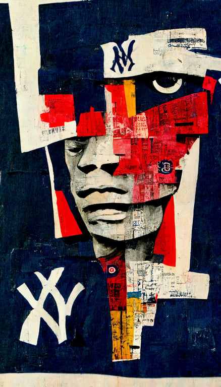 prompthunt: collage, ny yankees, bronx, artwork by basquiat, creative ,  navy blue, white, red