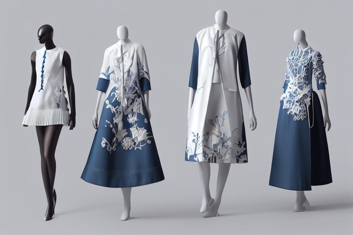 prompthunt: Three Fashion Design Renderings , white clothing