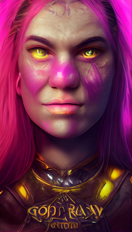 god rays, Octane Render, Ambient lighting, character design, portrait, attractive Orc female, pink skin, Bright yellow eyes, Long purple hair, beautiful female, jungle, World of warcraft, Warhammer, Fantasy armor, unreal engine,