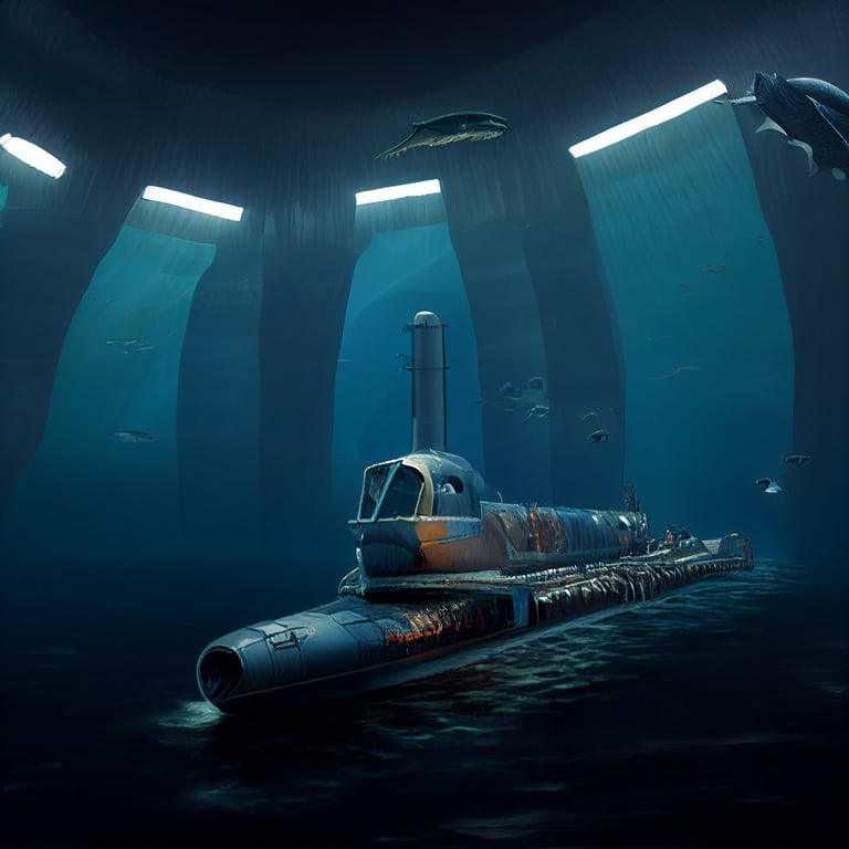 prompthunt: big Underwater base ark submarine, hypermaximalist ,  highly-detailed, studio lighting, UHD render, Film Lighting,